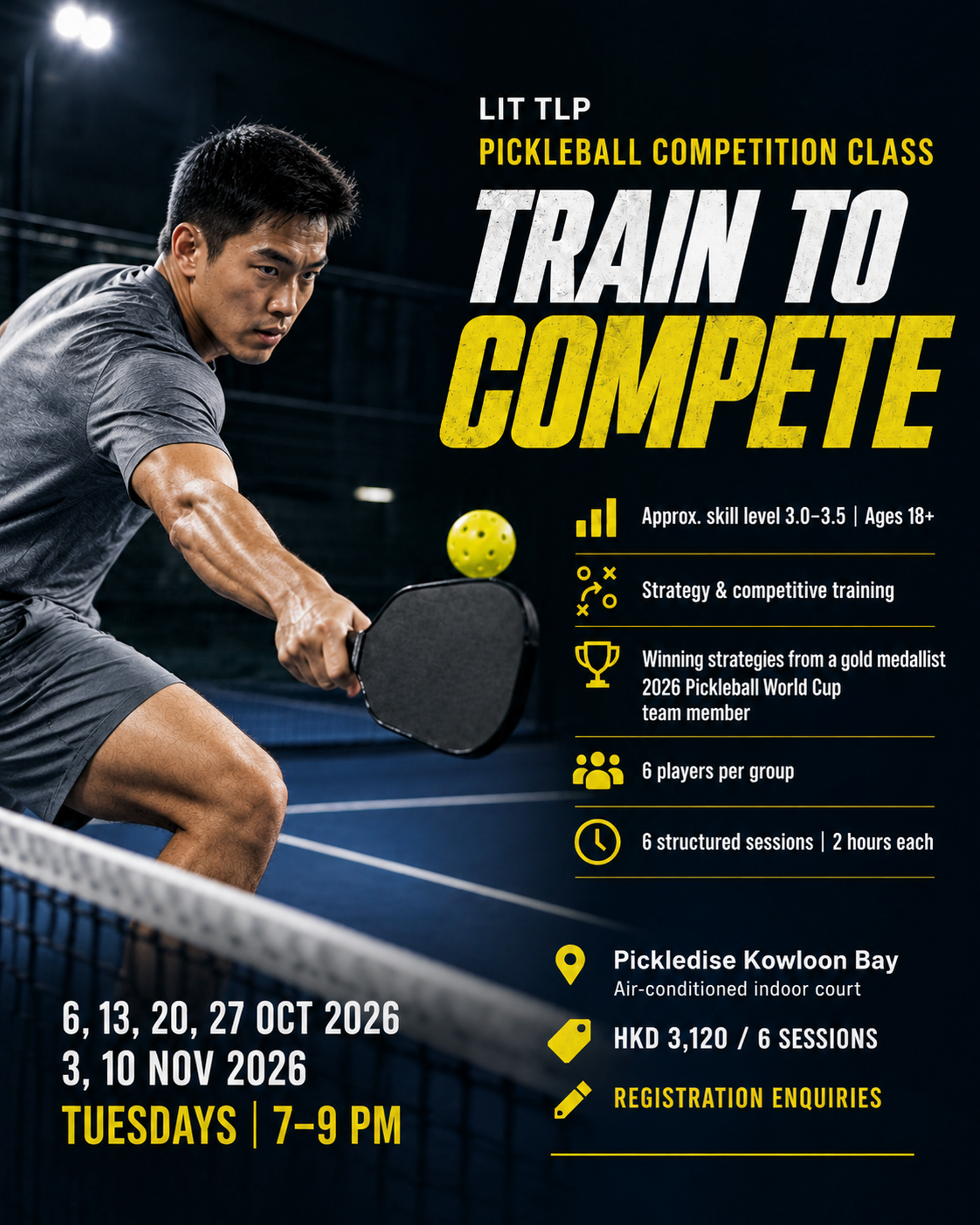 Competitive action pickleball poster with a player at the net